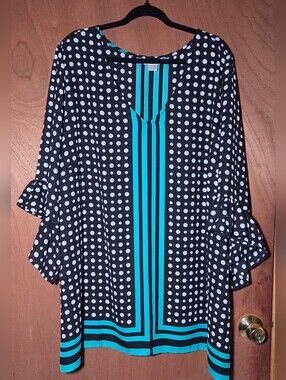 Avenue Black and White Polka Dot Tunic with Teal Stripe Panel 26/28